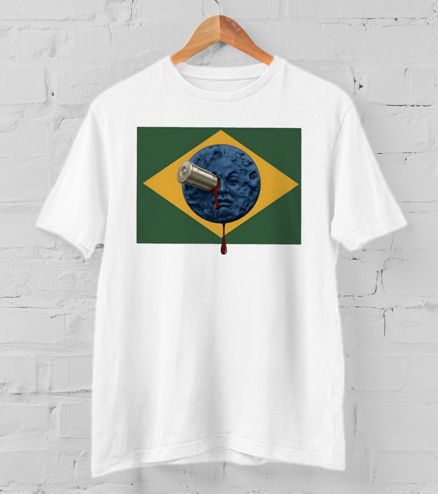 Brazil Flag Moon Face With Bullet And Bleeding Effect T-Shirt