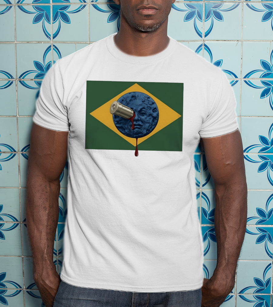 Brazil Flag Moon Face With Bullet And Bleeding Effect T-Shirt