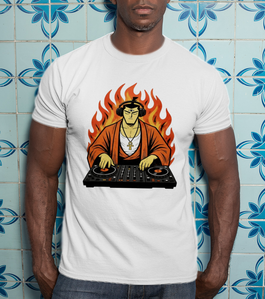 Samurai Jack DJing With Headphones Fire Music Mixer T-Shirt
