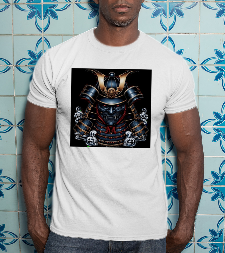 Samurai Warrior Mask Helmet With Traditional Armor And Red Accents T-Shirt
