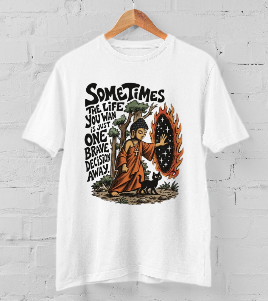 Sometimes The Life You Want Is Just One Brave Decision Away Buddha Cat Portal Forest T-Shirt