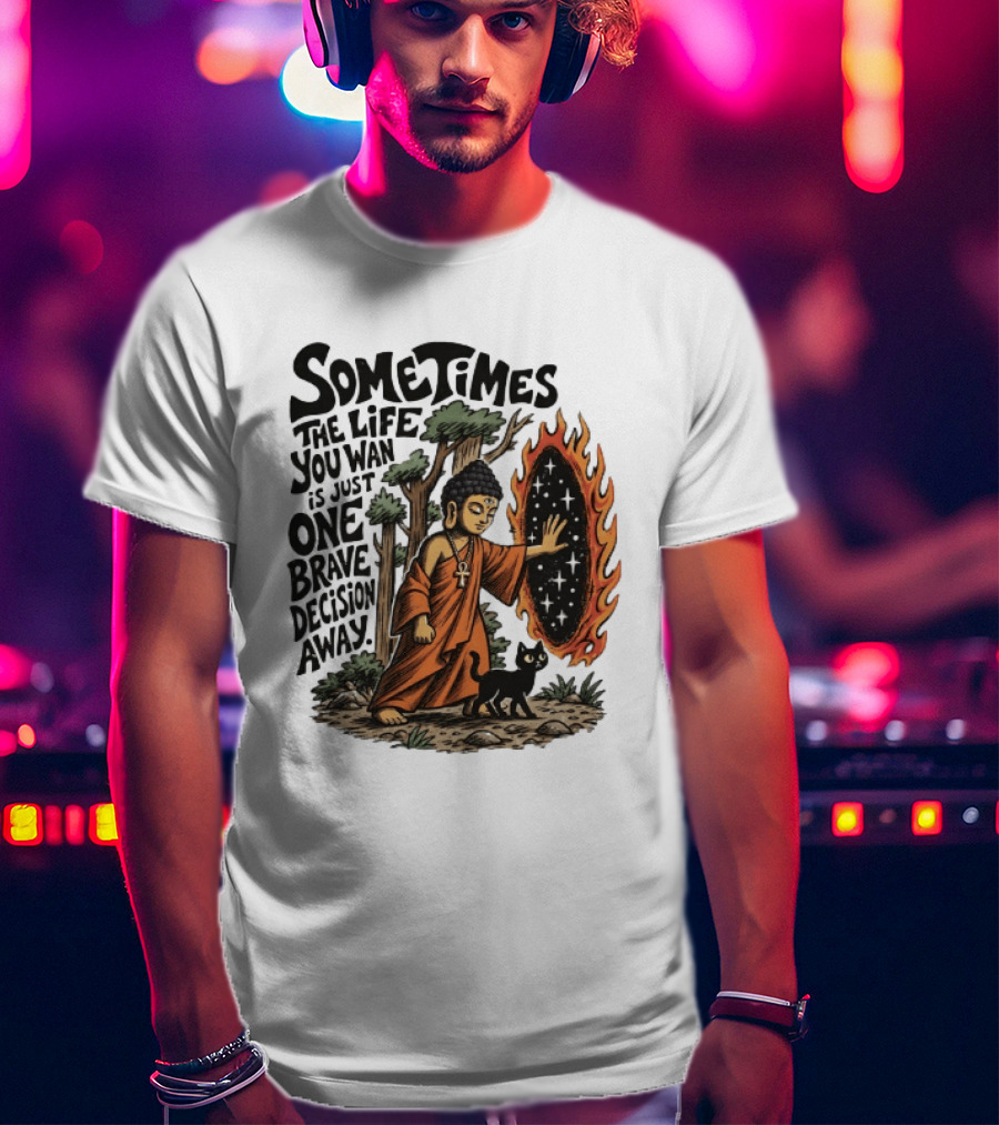 Sometimes The Life You Want Is Just One Brave Decision Away Buddha Cat Portal Forest T-Shirt