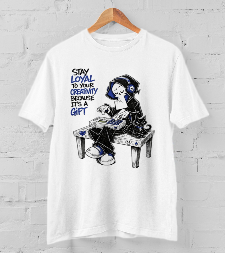 Stay Loyal To Your Creativity Grim Reaper Music Producer With Cat T-Shirt