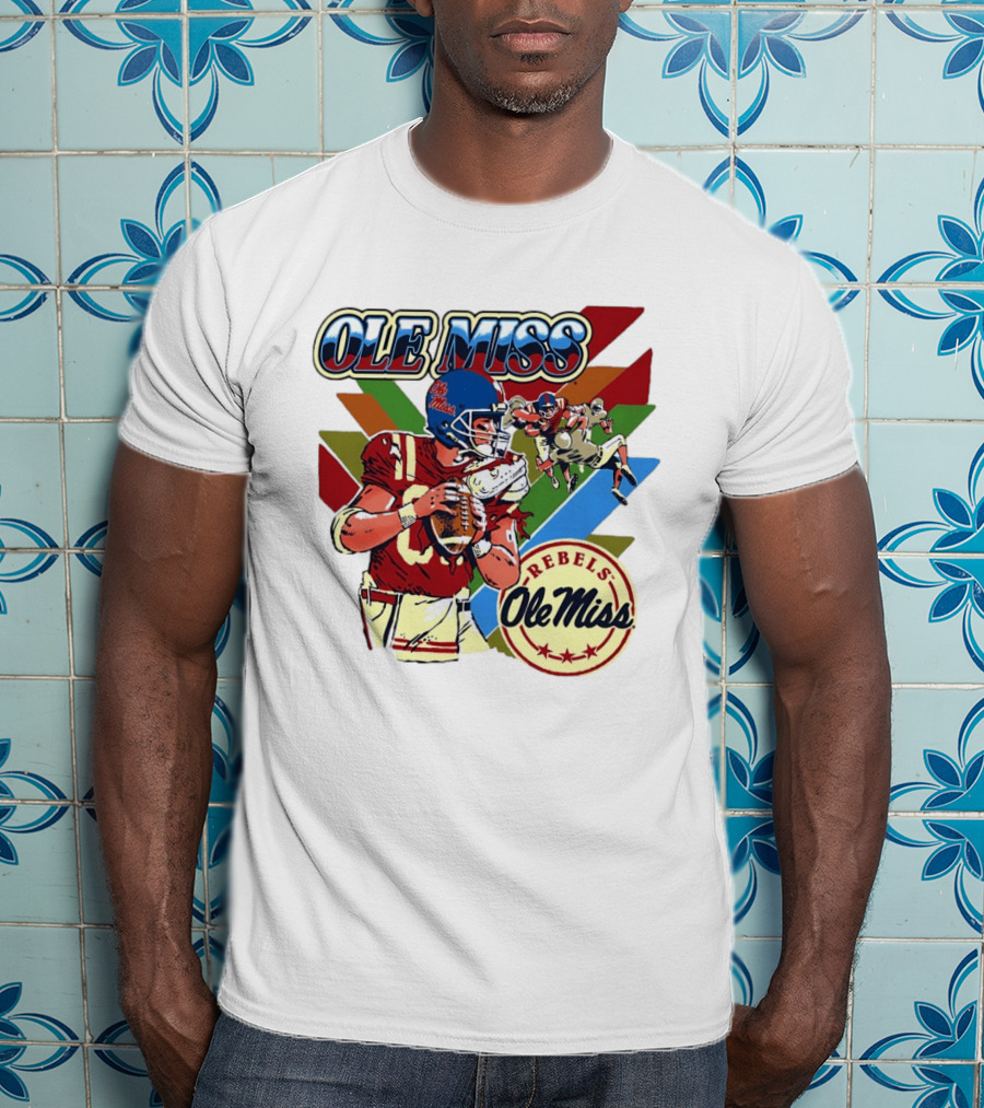 Ole Miss Rebels Football Player Action Retro Style Collaboration T-Shirt