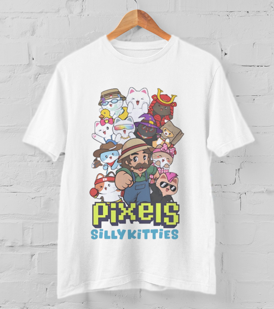 Pixels Silly Kitties Character Collage With Mustached Figure And Cute Cat Ensemble T-Shirt
