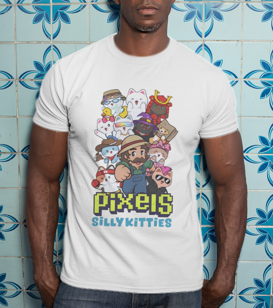 Pixels Silly Kitties Character Collage With Mustached Figure And Cute Cat Ensemble T-Shirt