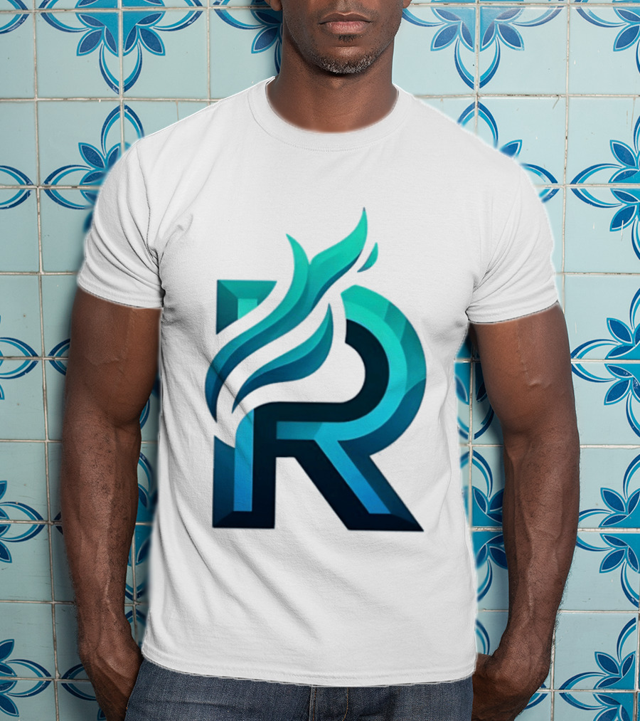 R Flame Letter Blue Green Gradient T-Shirt