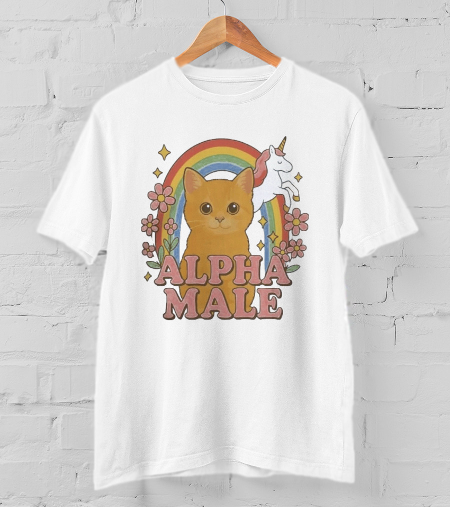Alpha Male Cat With Unicorn Rainbow And Flowers T-Shirt