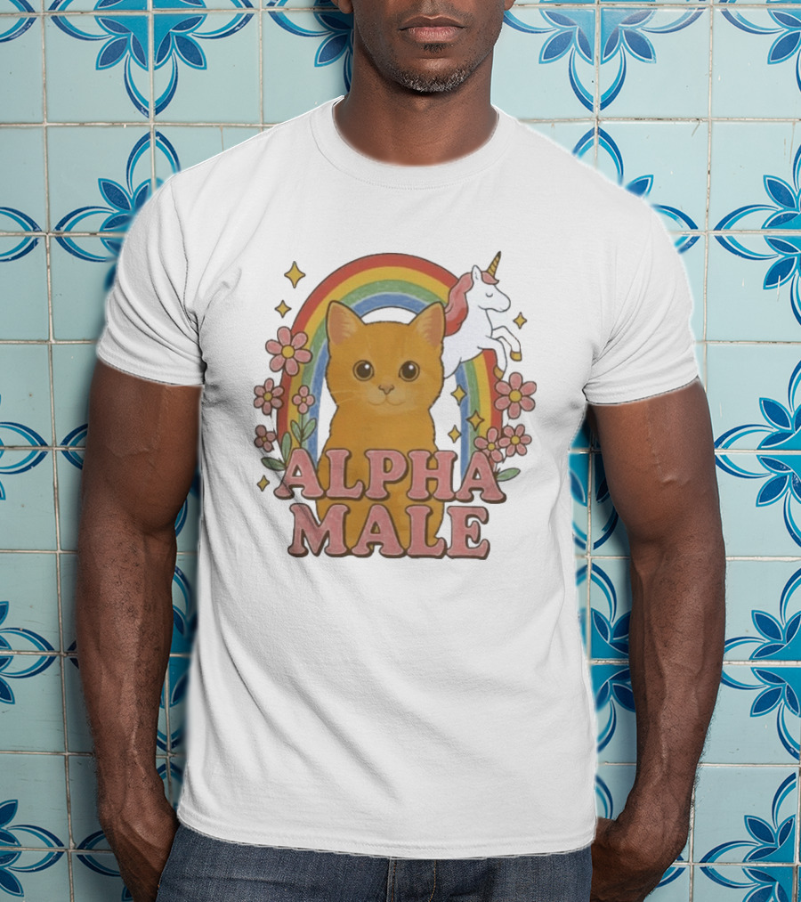 Alpha Male Cat With Unicorn Rainbow And Flowers T-Shirt