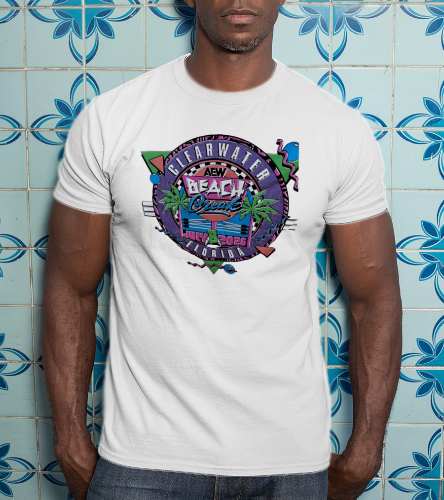 AEW Beach Break Clearwater Florida July 8 2026 Wrestling Event Tropical Palm Trees And Retro Waves T-Shirt