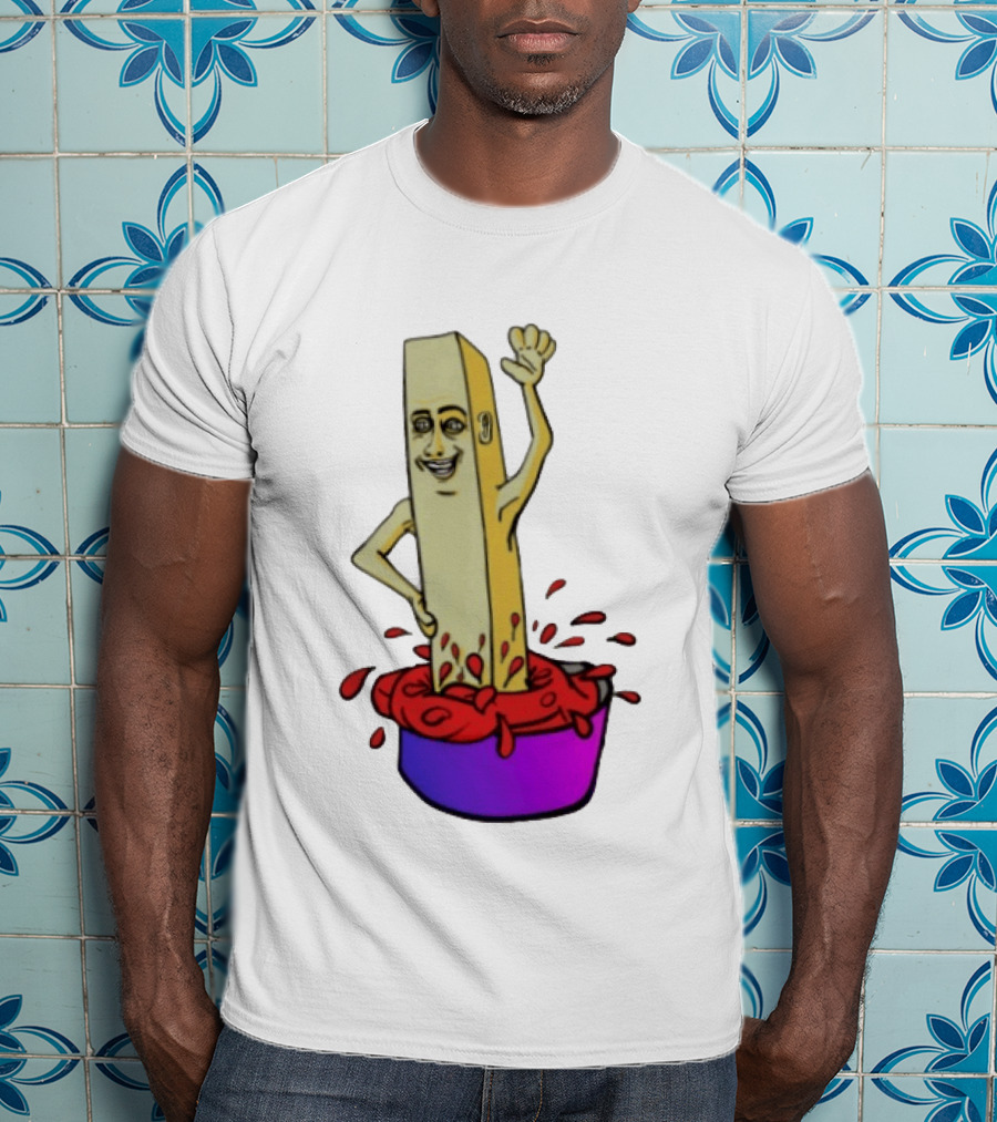 French Fry With Face Humorously Dipping In Ketchup Bowl T-Shirt