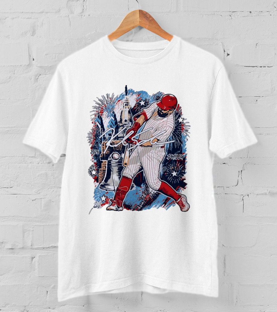 Kyle Schwarber Philly 2026 Swinging Bat Fireworks Liberty Bell T-Shirt
