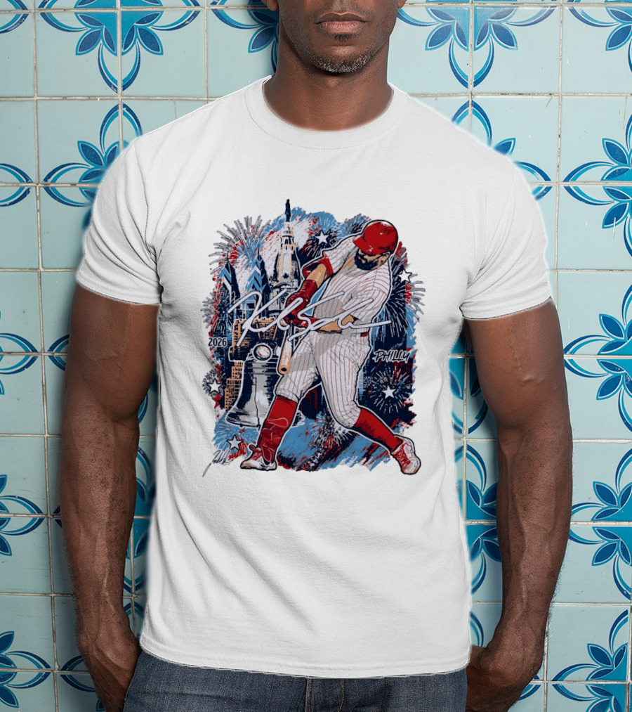 Kyle Schwarber Philly 2026 Swinging Bat Fireworks Liberty Bell T-Shirt