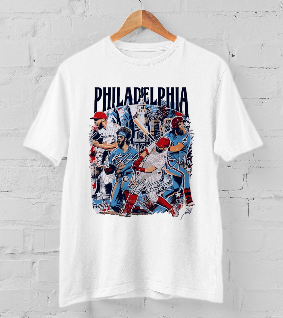 Philadelphia Phillies Stars Skyline 2026 Philly Batter Montage T-Shirt