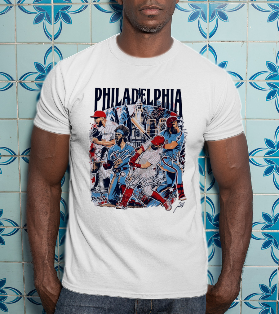 Philadelphia Phillies Stars Skyline 2026 Philly Batter Montage T-Shirt
