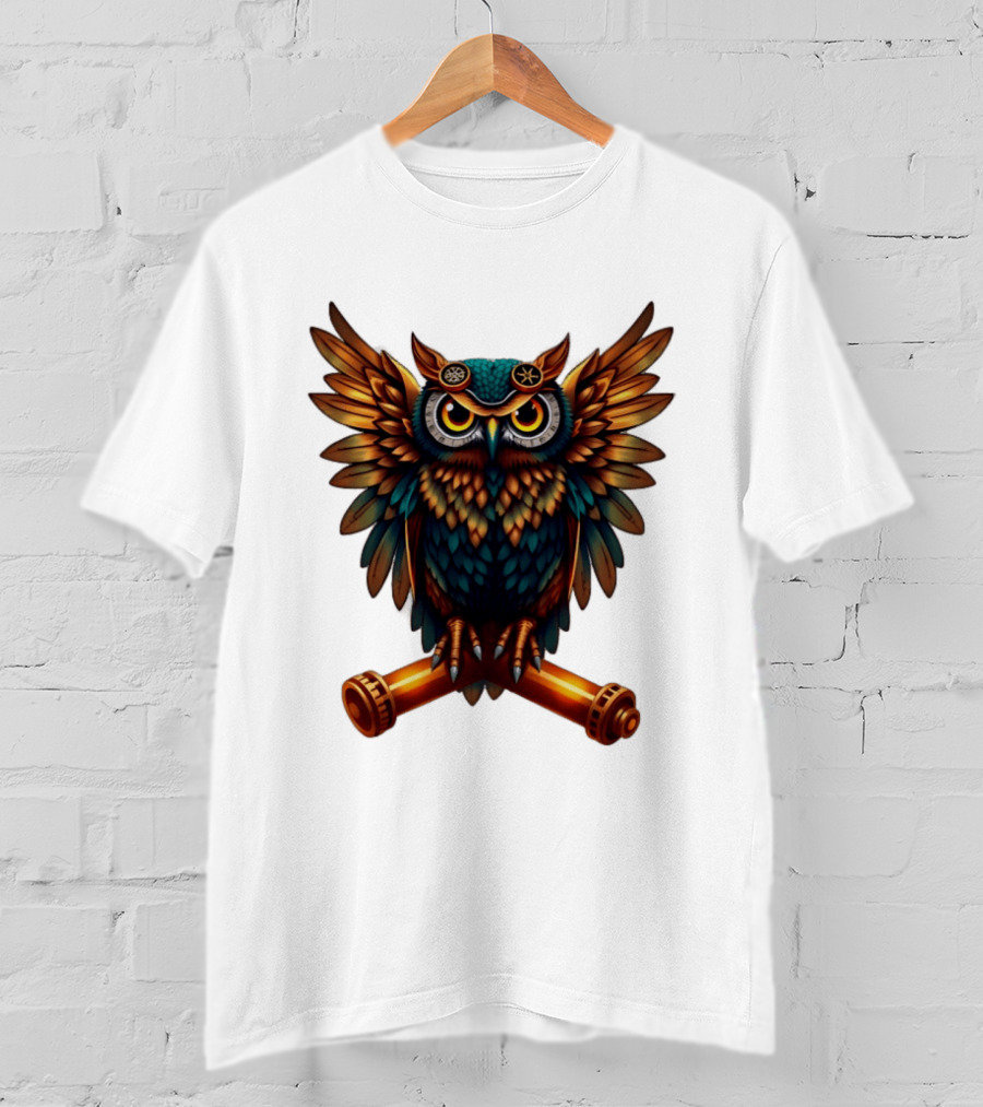 Steampunk Owl With Gears And Pistons Mechanic Aesthetic T-Shirt