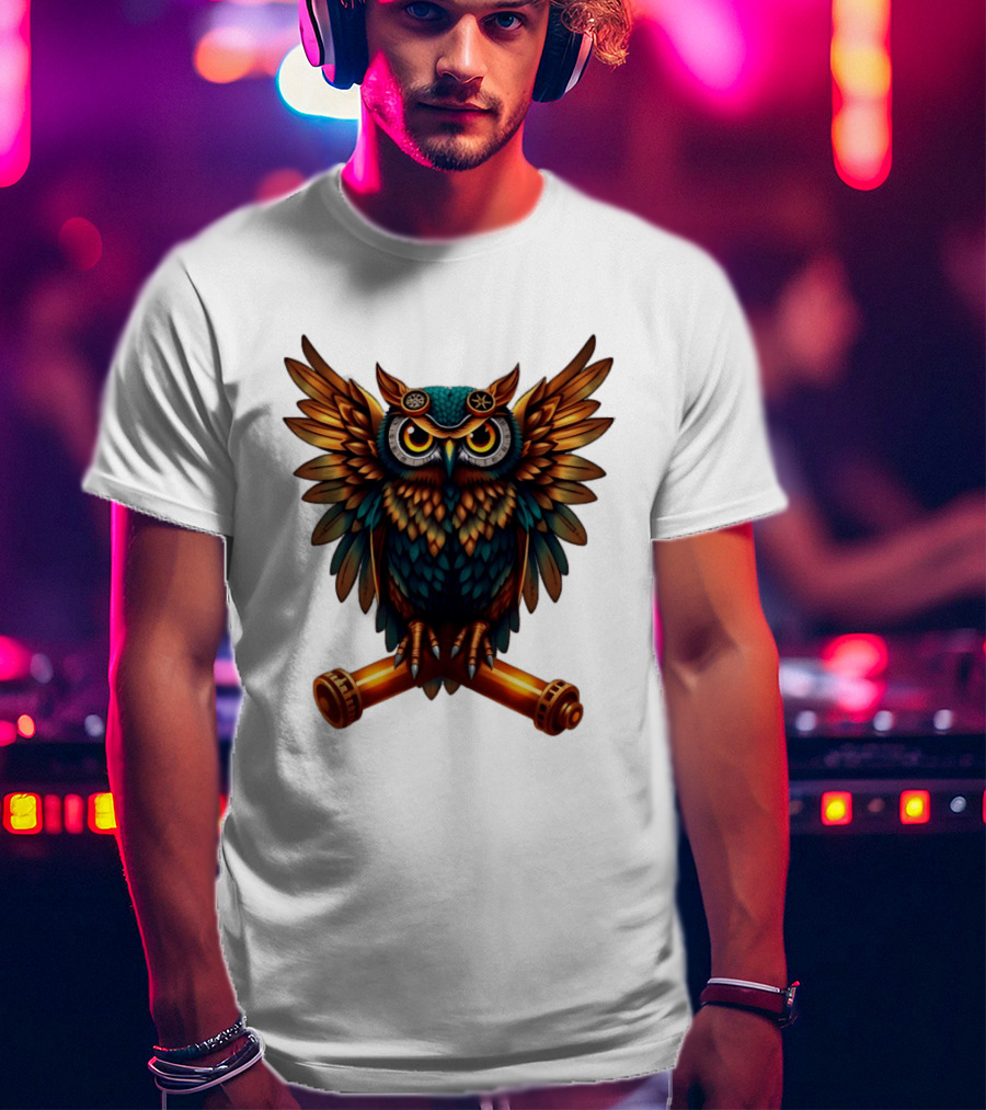 Steampunk Owl With Gears And Pistons Mechanic Aesthetic T-Shirt