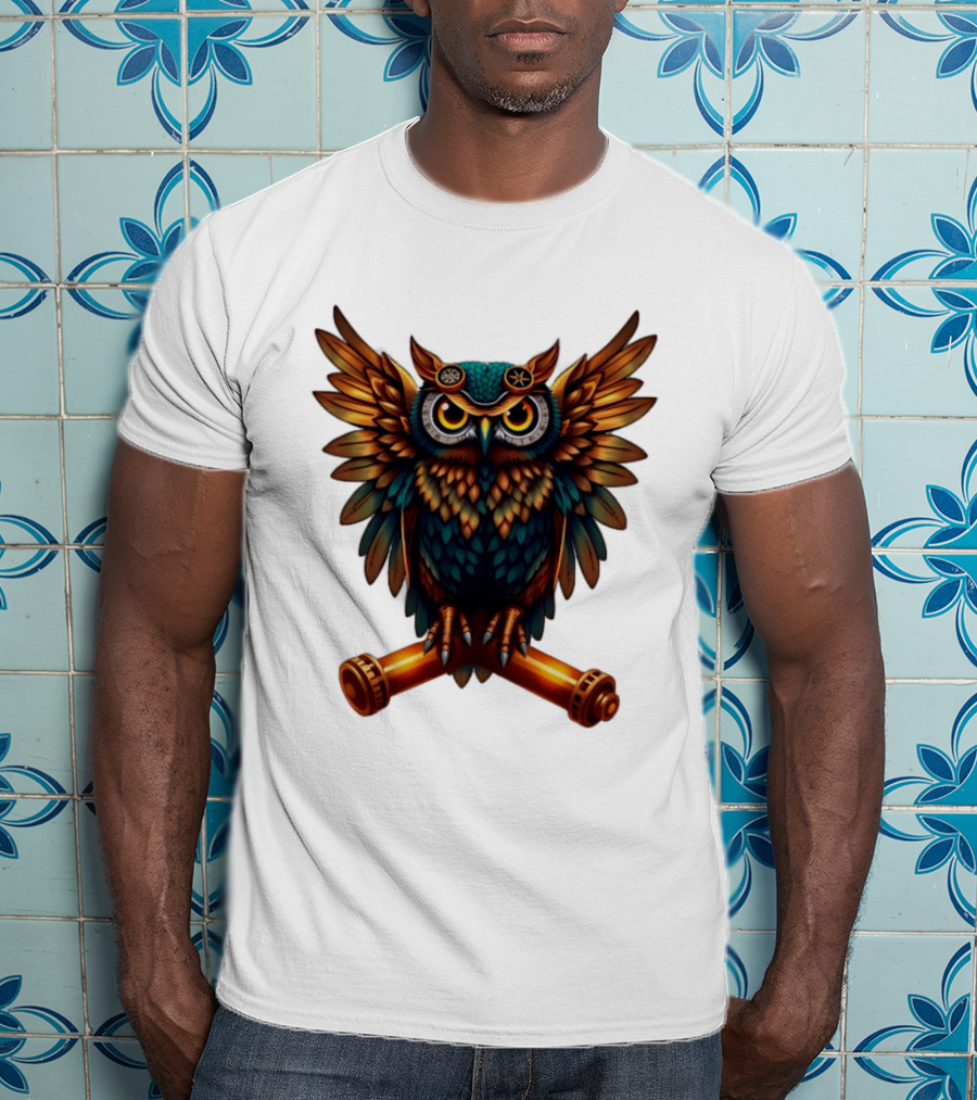 Steampunk Owl With Gears And Pistons Mechanic Aesthetic T-Shirt