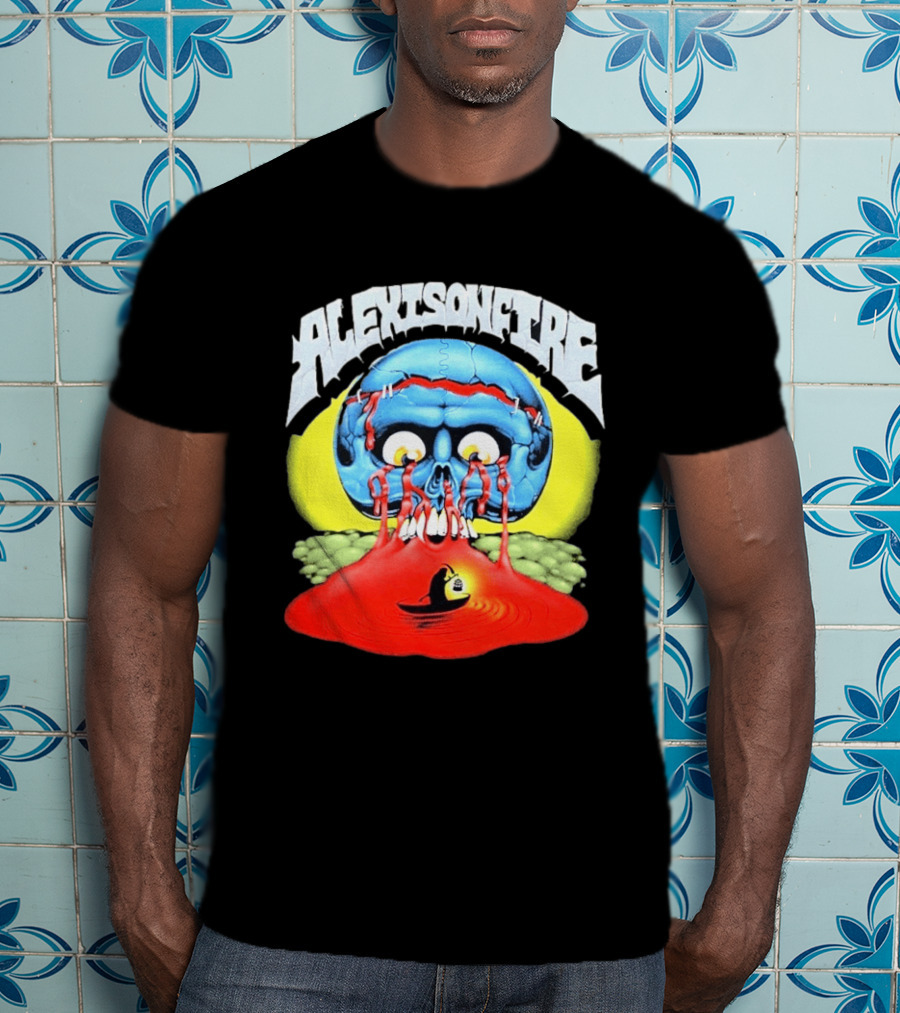 Alexisonfire Skull Island Creepy Blue Skull With Red Eyes And Boat T-Shirt