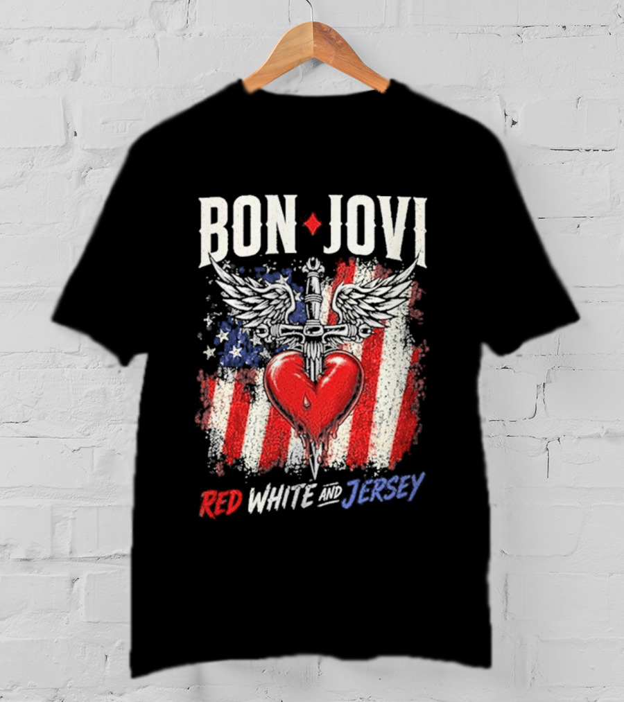 Bon Jovi Red White Jersey Heart And Dagger American Flag T-Shirt
