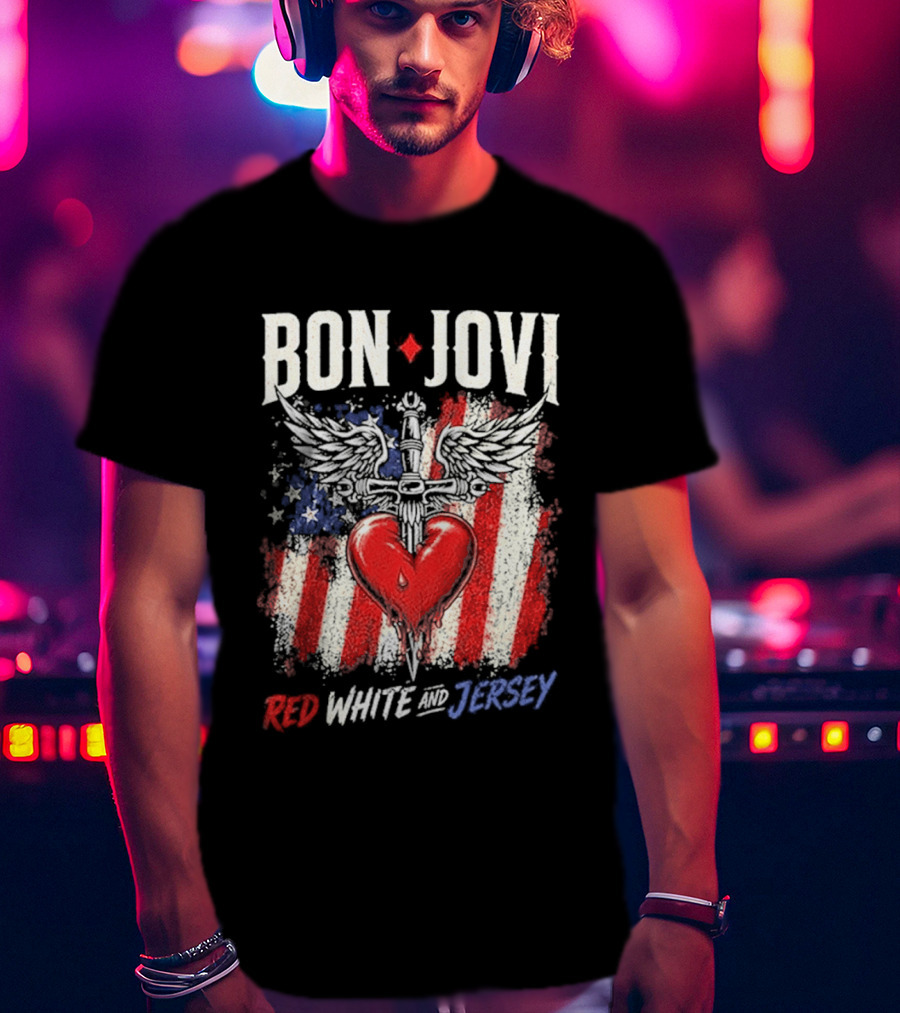 Bon Jovi Red White Jersey Heart And Dagger American Flag T-Shirt