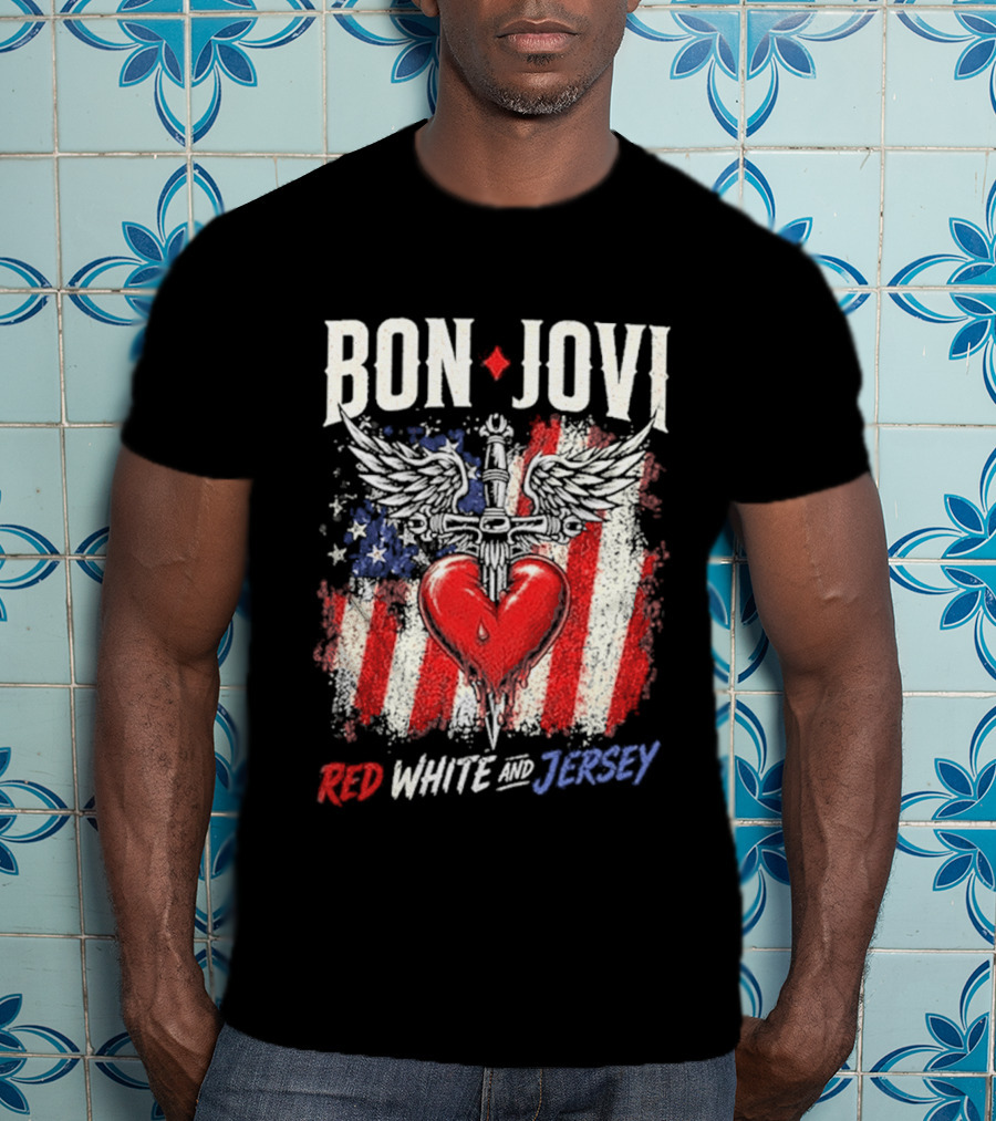 Bon Jovi Red White Jersey Heart And Dagger American Flag T-Shirt