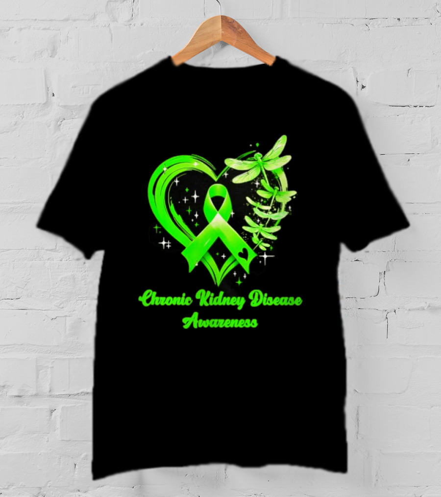 Chronic Kidney Disease Awareness Green Ribbon Heart And Dragonfly T-Shirt