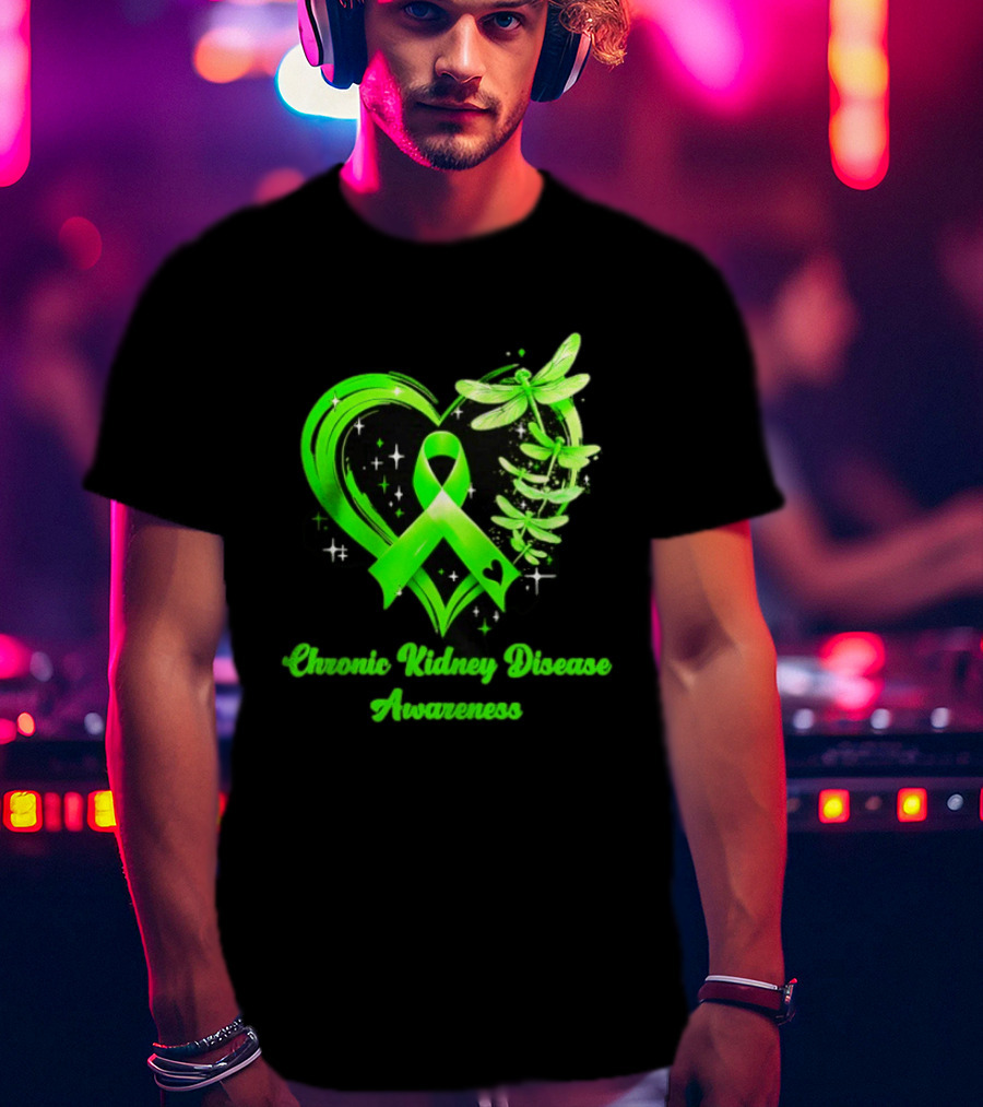 Chronic Kidney Disease Awareness Green Ribbon Heart And Dragonfly T-Shirt
