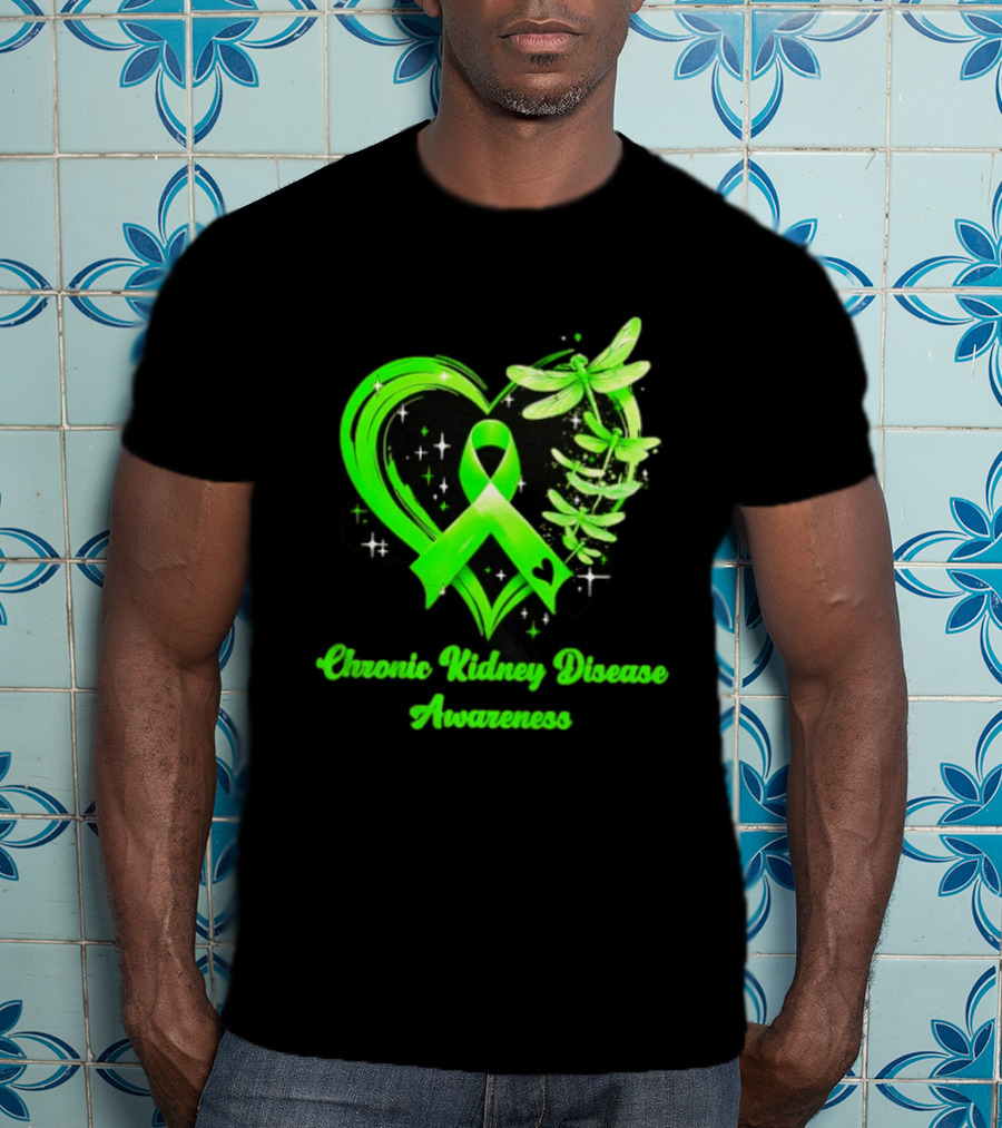 Chronic Kidney Disease Awareness Green Ribbon Heart And Dragonfly T-Shirt