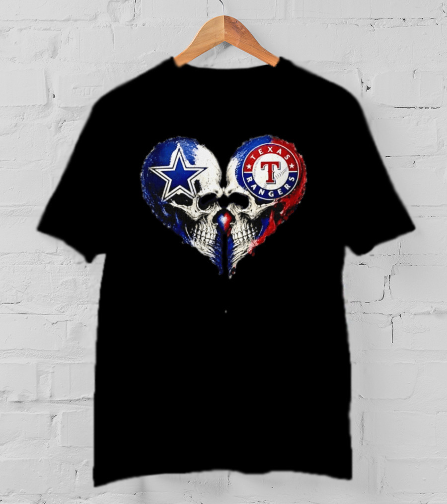 Dallas Cowboys Star And Texas Rangers Skull Heart T-Shirt