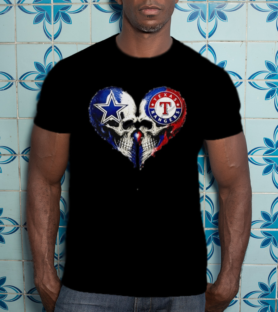 Dallas Cowboys Star And Texas Rangers Skull Heart T-Shirt