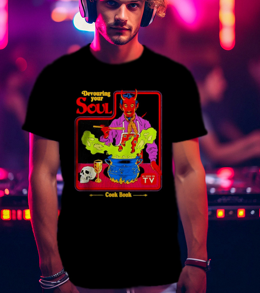 Devouring Your Soul Cook Book Steven Rhodes Retro Devil Cooking As Seen On TV Horror T-Shirt