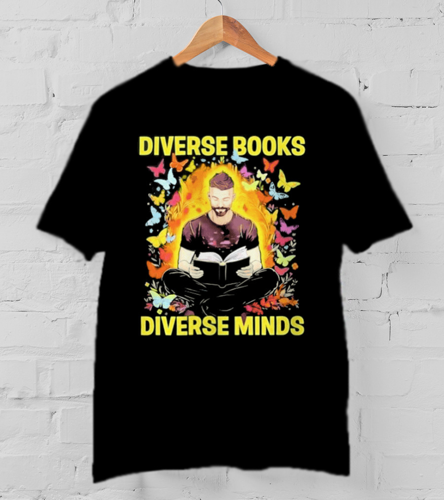 Diverse Books Diverse Minds Reading Book Lover With Colorful Butterfly Motif T-Shirt