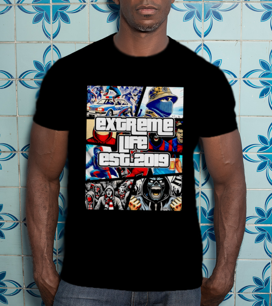 Extreme Life Est 2019 Football Hooligan Collage T-Shirt