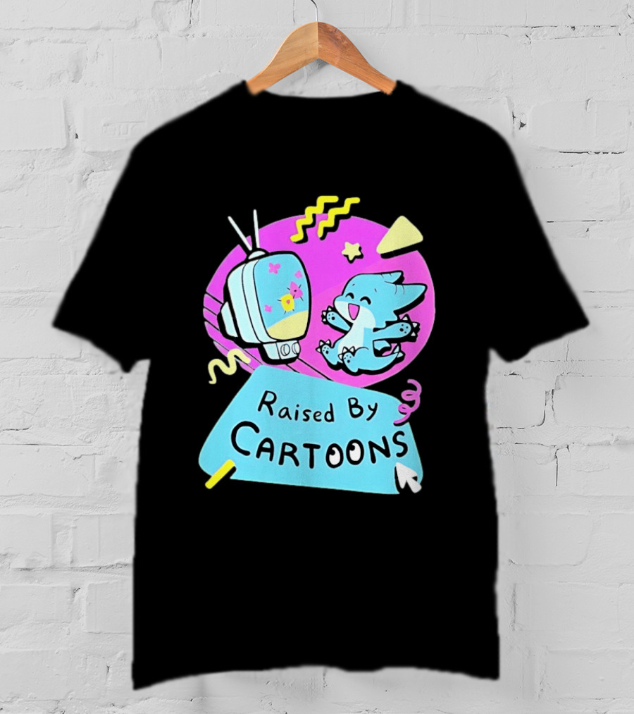 Raised By Cartoons Nostalgia 90s Kid Cartoon Lover Retro TV And Playful Puppy Scene T-Shirt