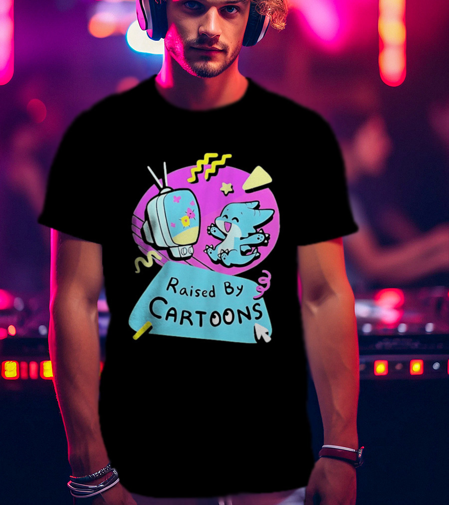 Raised By Cartoons Nostalgia 90s Kid Cartoon Lover Retro TV And Playful Puppy Scene T-Shirt