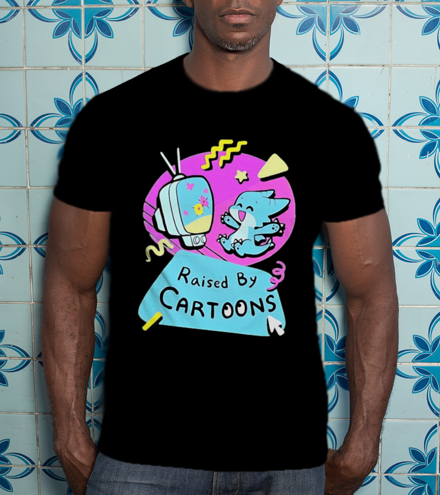 Raised By Cartoons Nostalgia 90s Kid Cartoon Lover Retro TV And Playful Puppy Scene T-Shirt