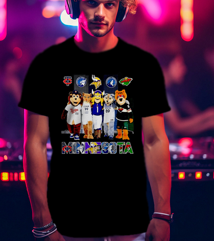 Minnesota Twins Lynx Vikings Timberwolves Wild Mascots Collage T-Shirt