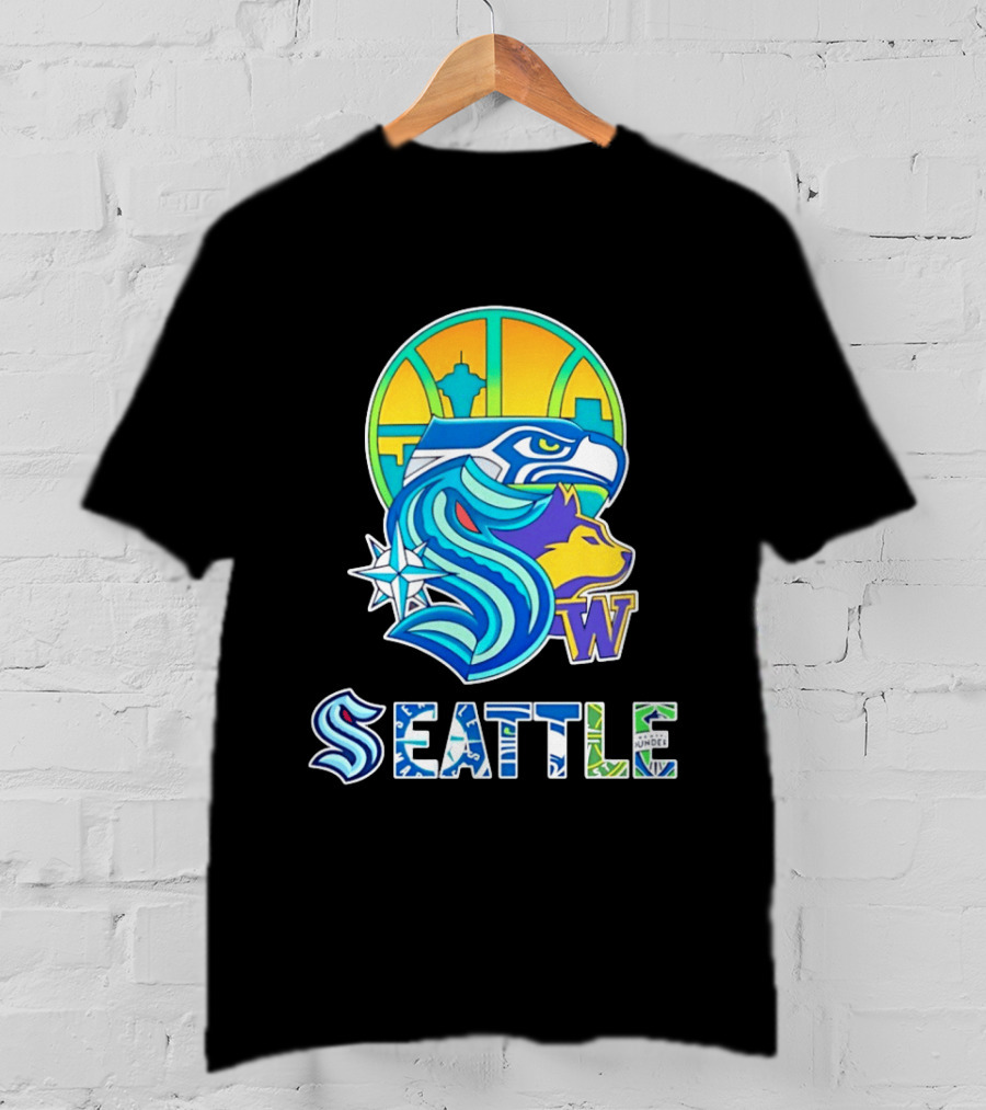Seattle Seahawks Washington Huskies Skyline Collage With Space Needle And Compass Rose T-Shirt