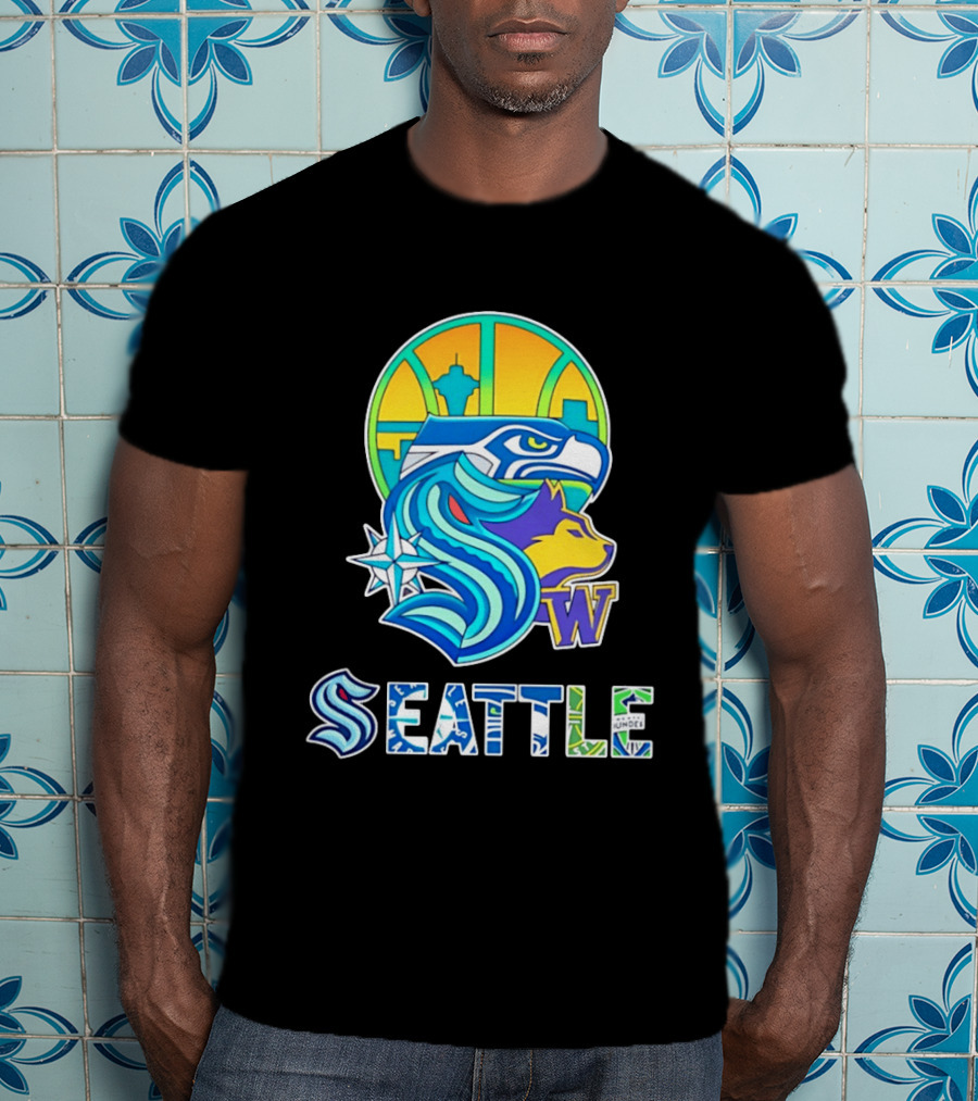 Seattle Seahawks Washington Huskies Skyline Collage With Space Needle And Compass Rose T-Shirt
