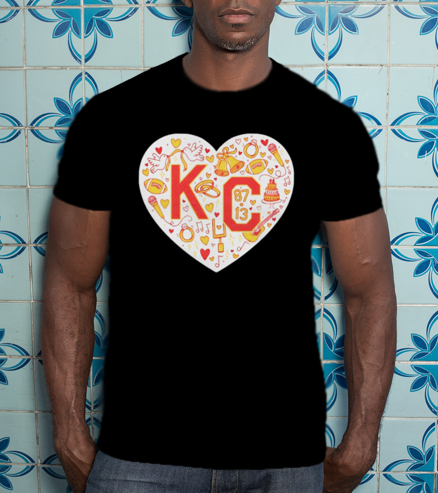 KC 87 13 Heart With Football Rings Music Bells Cake And Guitar T-Shirt