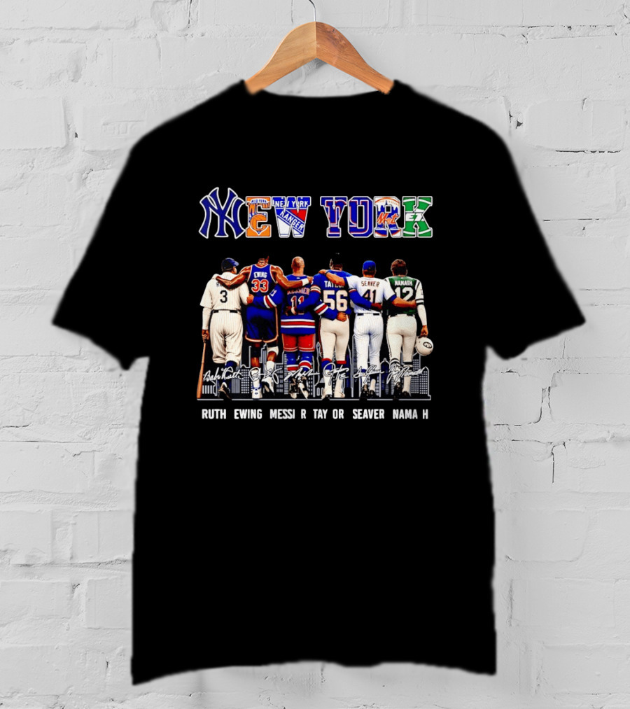 NY Sports Legends New York Yankees Knicks Rangers Mets Giants Jets Ruth Ewing Messier Taylor Seaver Namath T-Shirt
