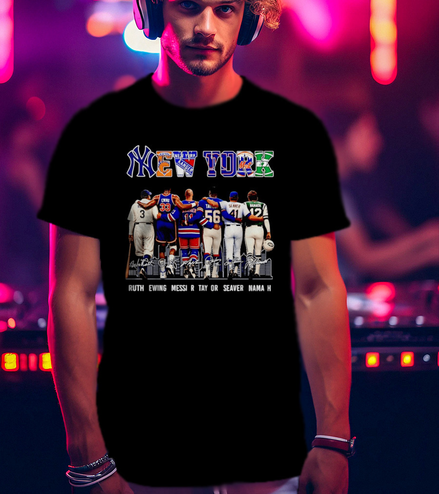 NY Sports Legends New York Yankees Knicks Rangers Mets Giants Jets Ruth Ewing Messier Taylor Seaver Namath T-Shirt