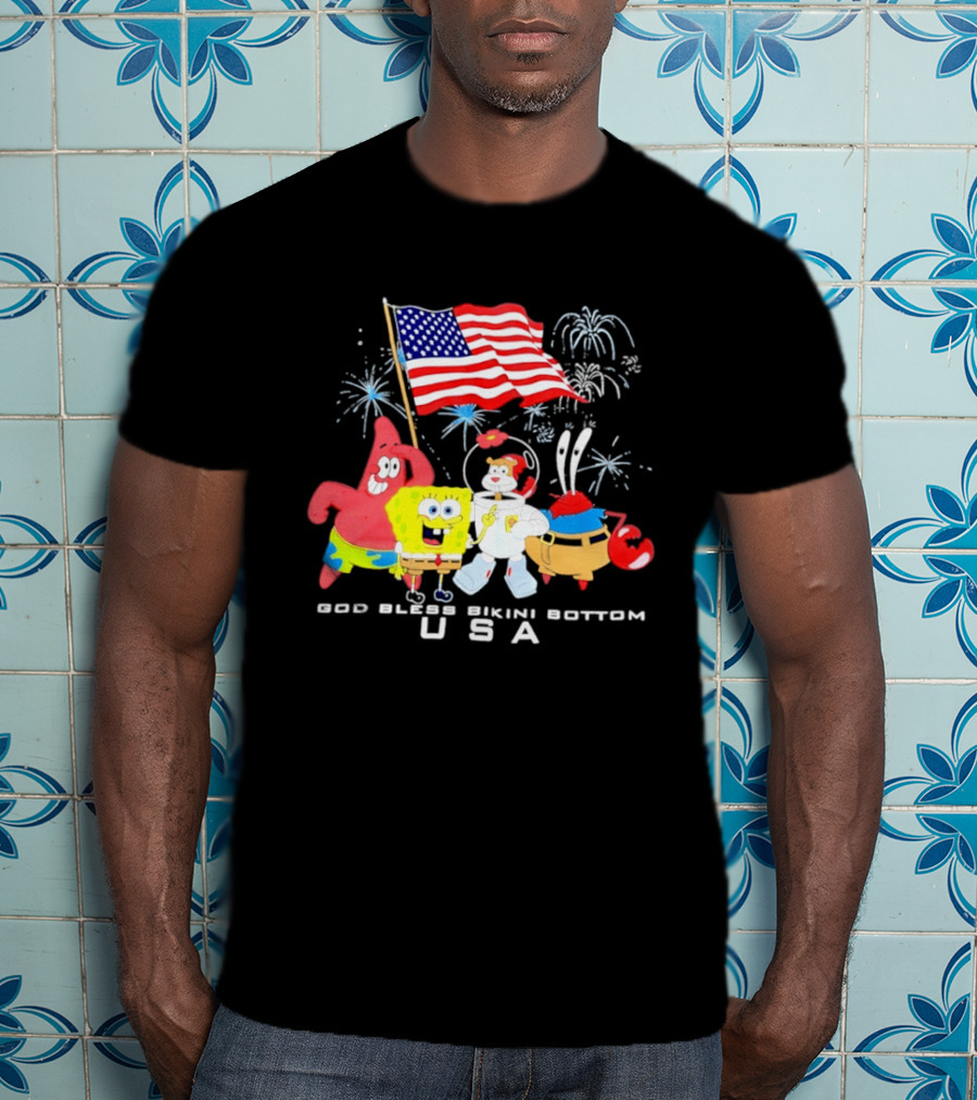 God Bless Bikini Bottom USA Sponge 4th Of July Celebration T-Shirt