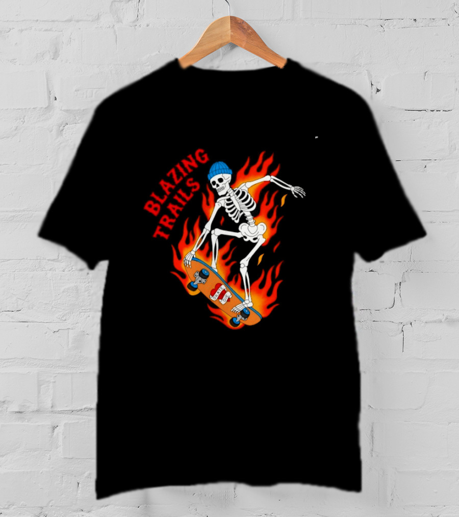 Blazing Trails Skate Or Die Skeleton Flaming Skateboard T-Shirt