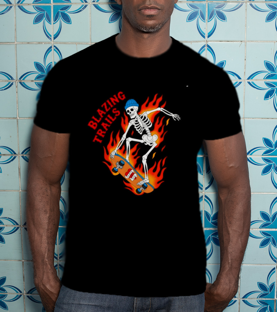 Blazing Trails Skate Or Die Skeleton Flaming Skateboard T-Shirt