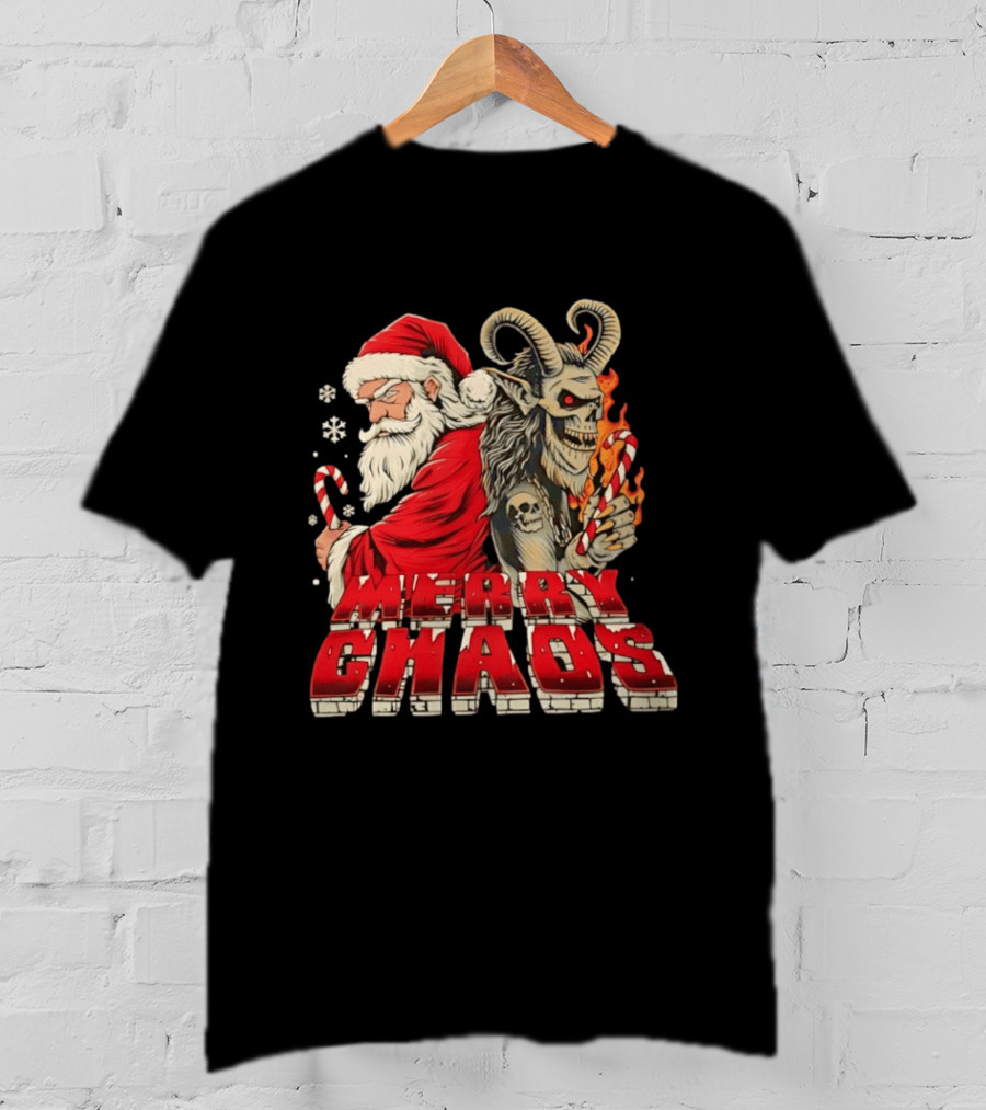 Merry Chaos Santa And Krampus Candy Cane Flames Christmas T-Shirt