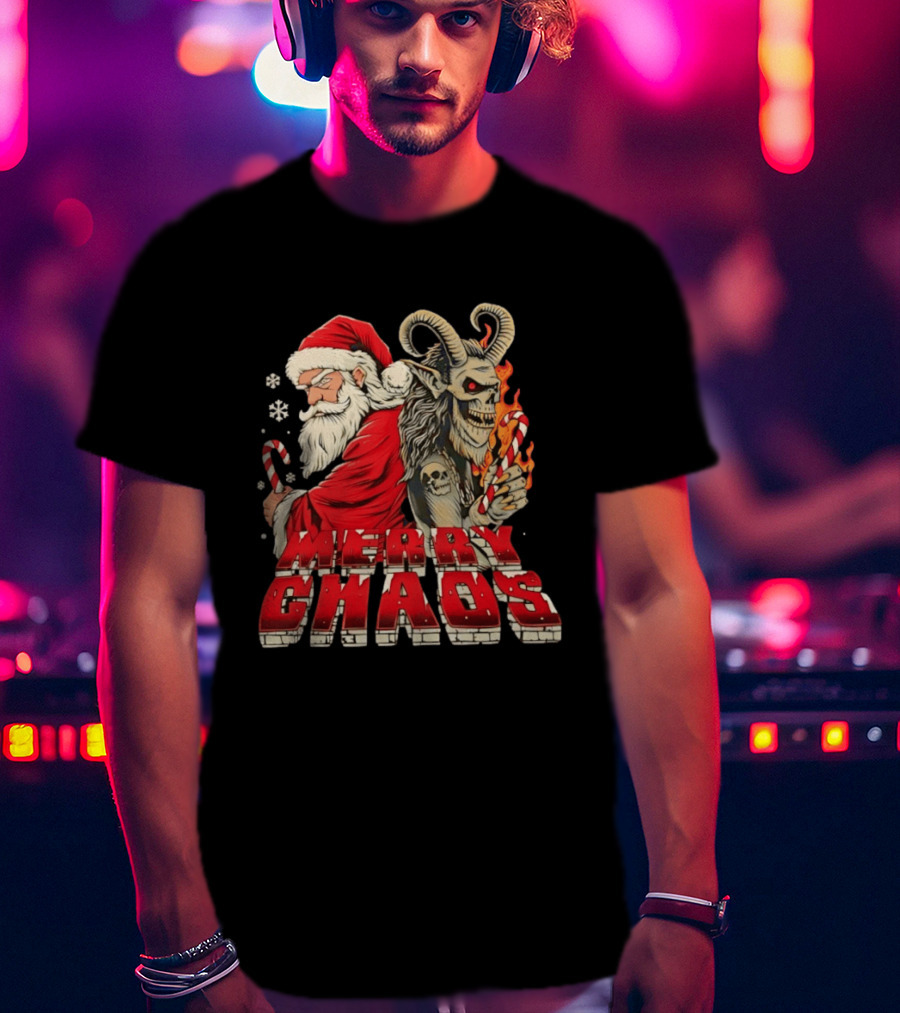 Merry Chaos Santa And Krampus Candy Cane Flames Christmas T-Shirt