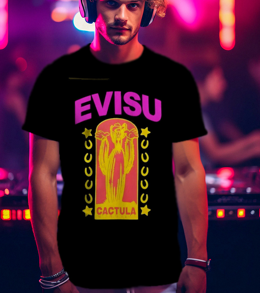 Evisu Cactula Cactus Star And Crescent Yellow Pink T-Shirt