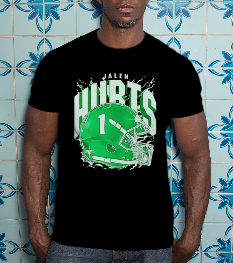 Jalen Hurts 1 Philadelphia Eagles Green Helmet Football T-Shirt